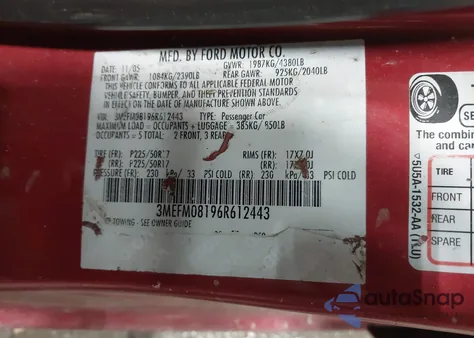 2006 Mercury Milan V6 Premier from USA, damaged, VIN 3MEFM08196R612443